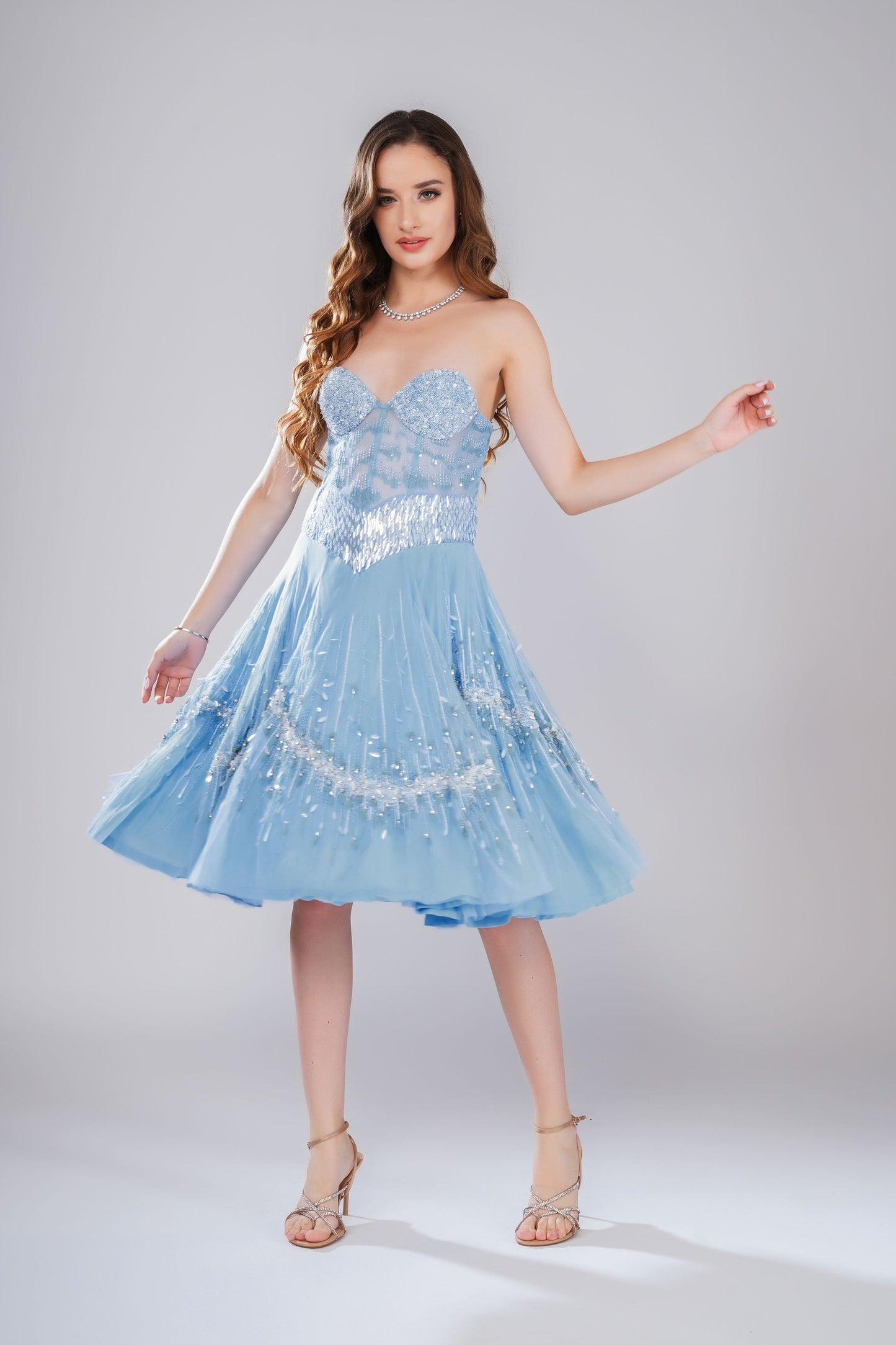 Light Blue Beaded Sweetheart Midi Dress