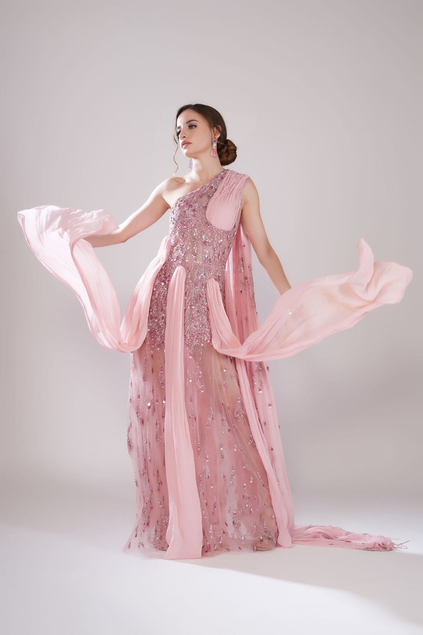 Pink One-Shoulder Pleated Evening Gown