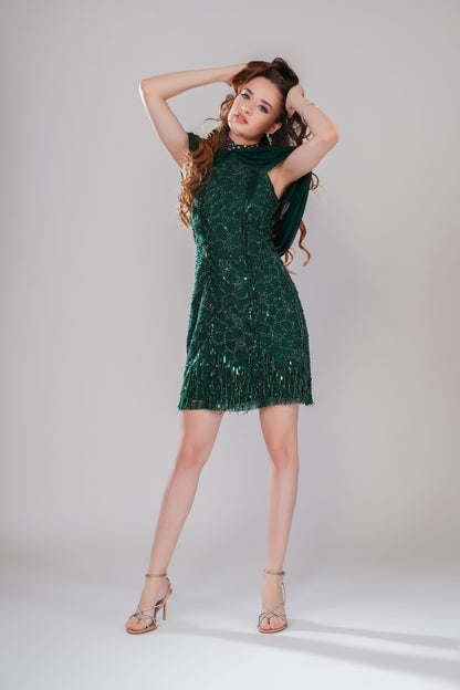 Emerald Green Off-Shoulder Embellished Party Short Dress