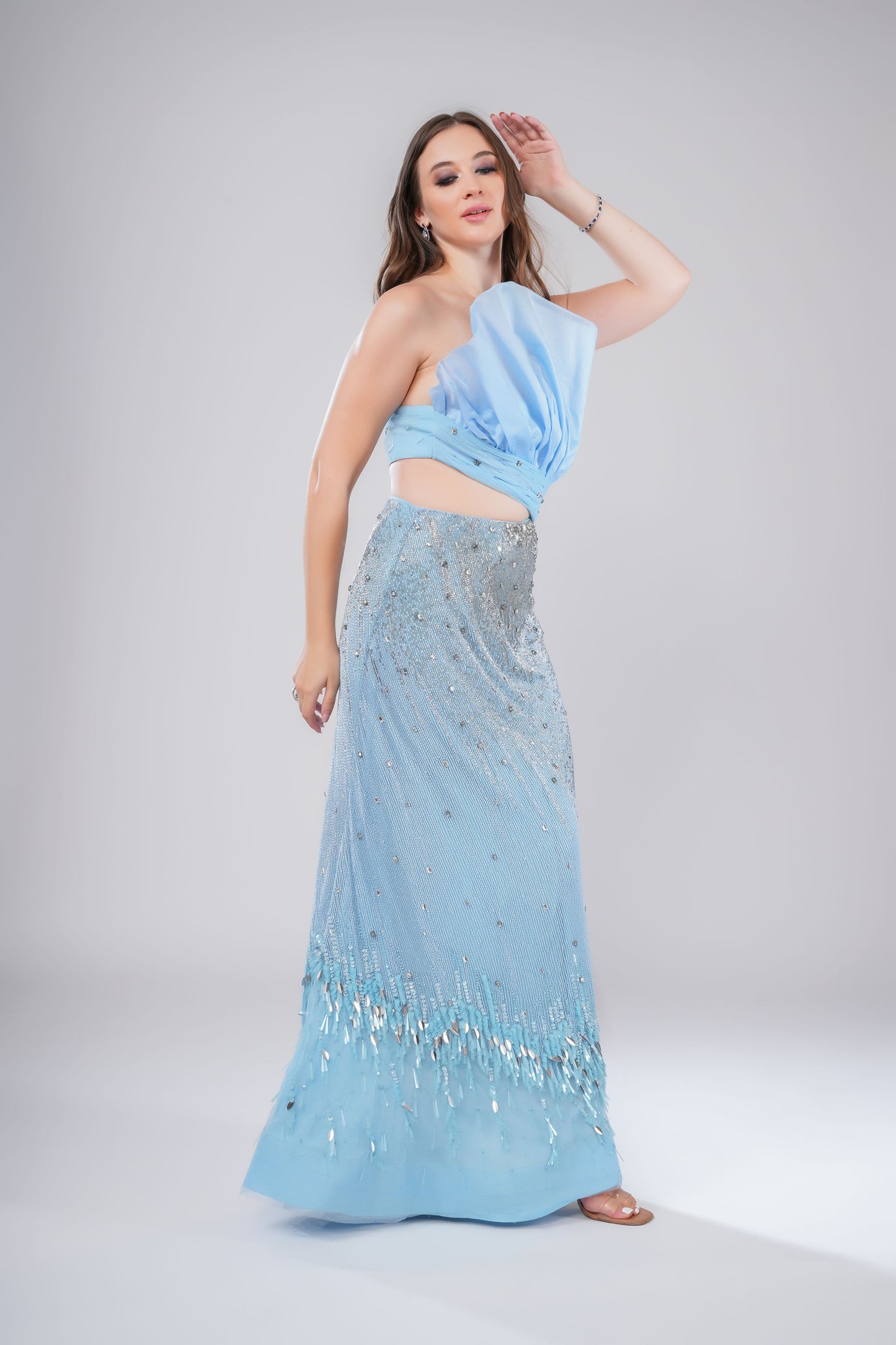 Light Blue Mermaid Evening Gown with Asymmetric Bodice