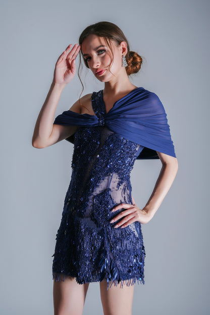 Deep Blue One-Shoulder Embroidered Party Short Dress