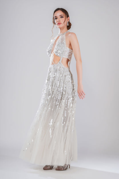 White Halter neck Embroidered Evening Gown