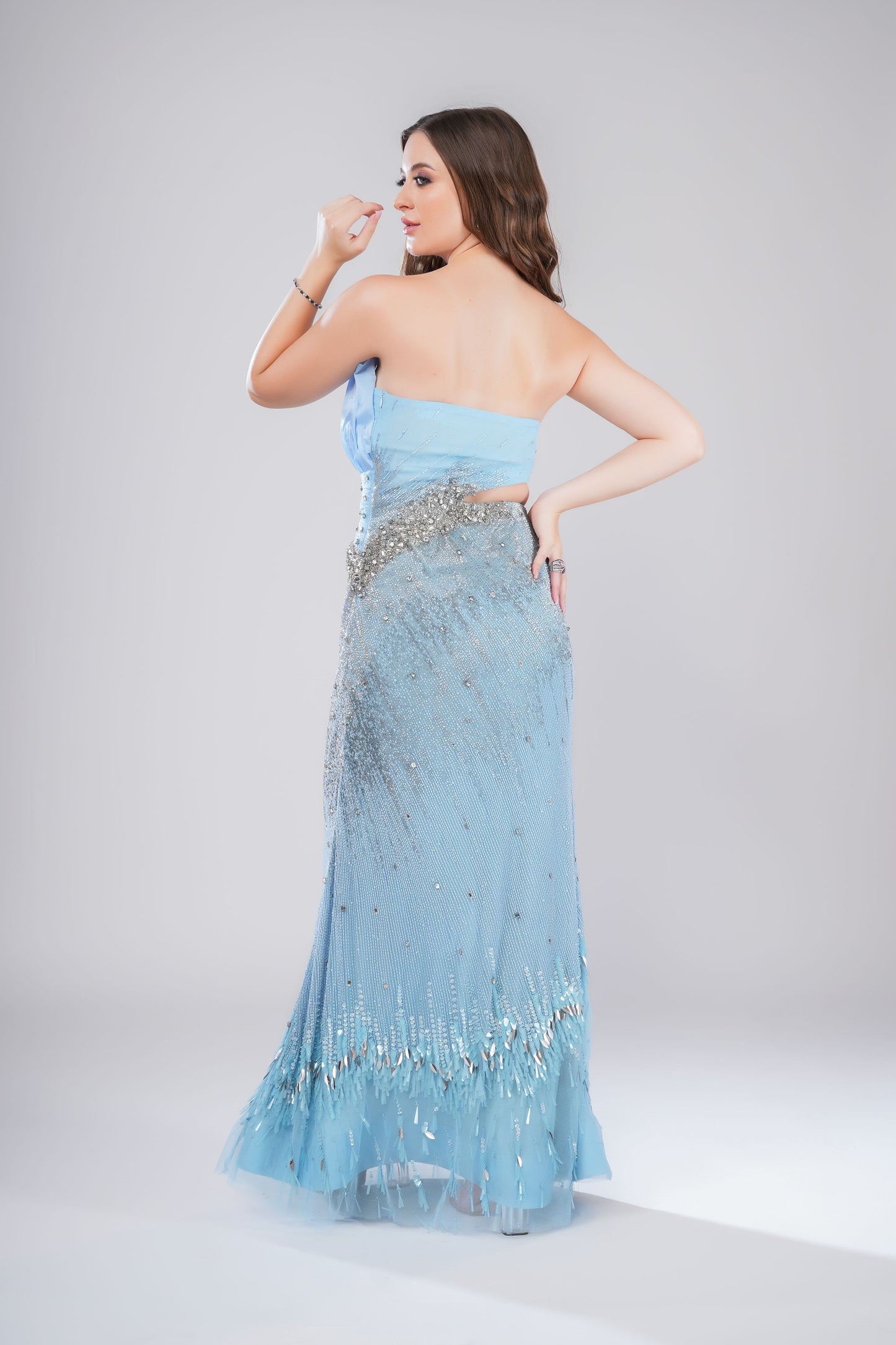 Light Blue Mermaid Evening Gown with Asymmetric Bodice