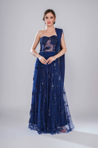 Dark Blue embroidered draped saree