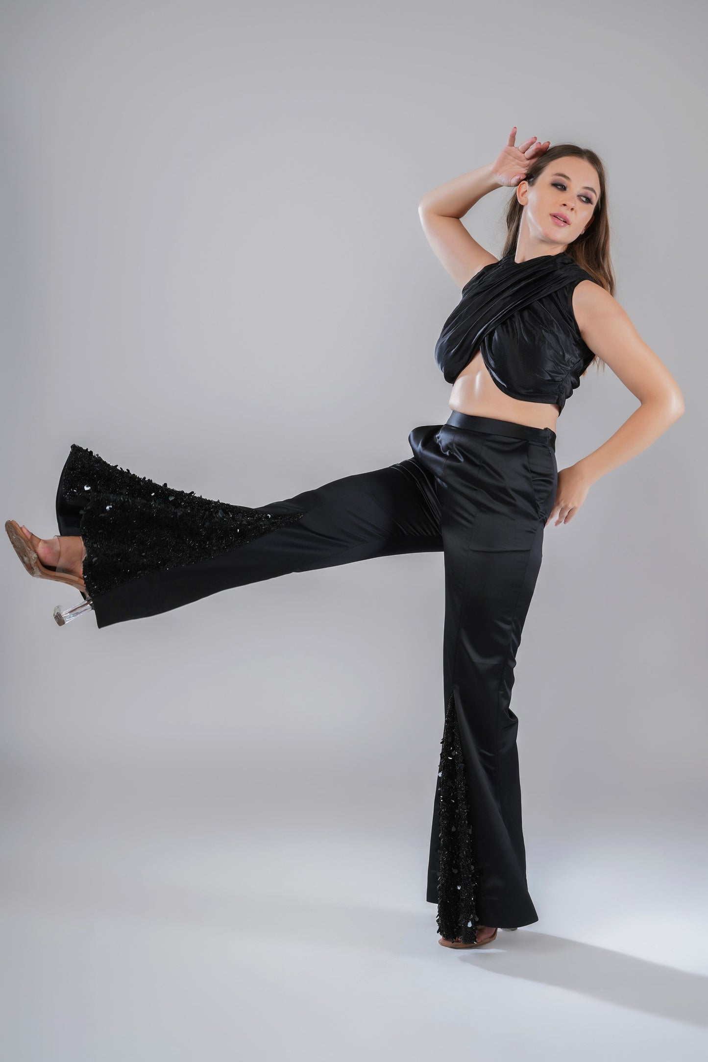 Black Embellished Co-ord Set with Crop Top and Flared Pants