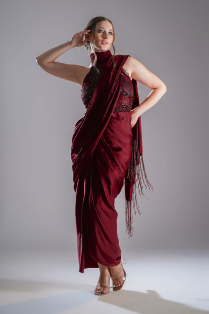 Red embellished draped saree