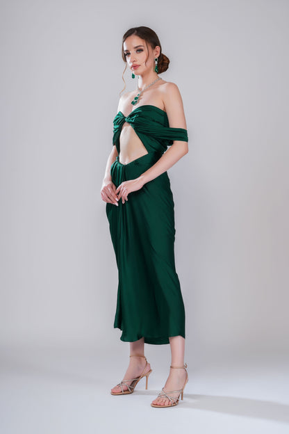 Green Off-Shoulder draped Evening Dress