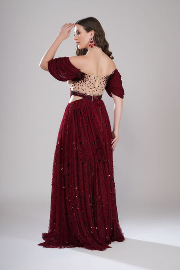 Dark Red Off-Shoulder Evening Gown with Crisscross Bodice