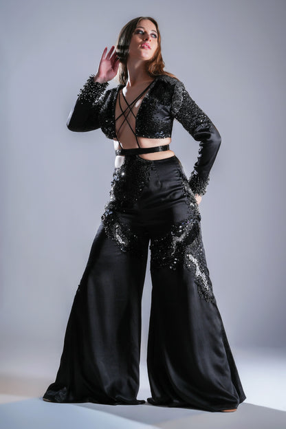Black Embellished Wide-Leg Jumpsuit