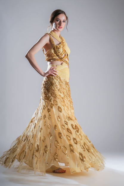 Golden Halter neck embroidered evening gown