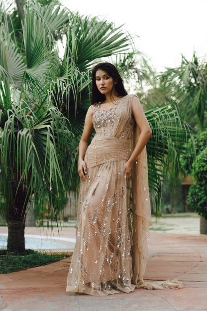 Pehli Boond Beige embroidered Draped Saree Gown
