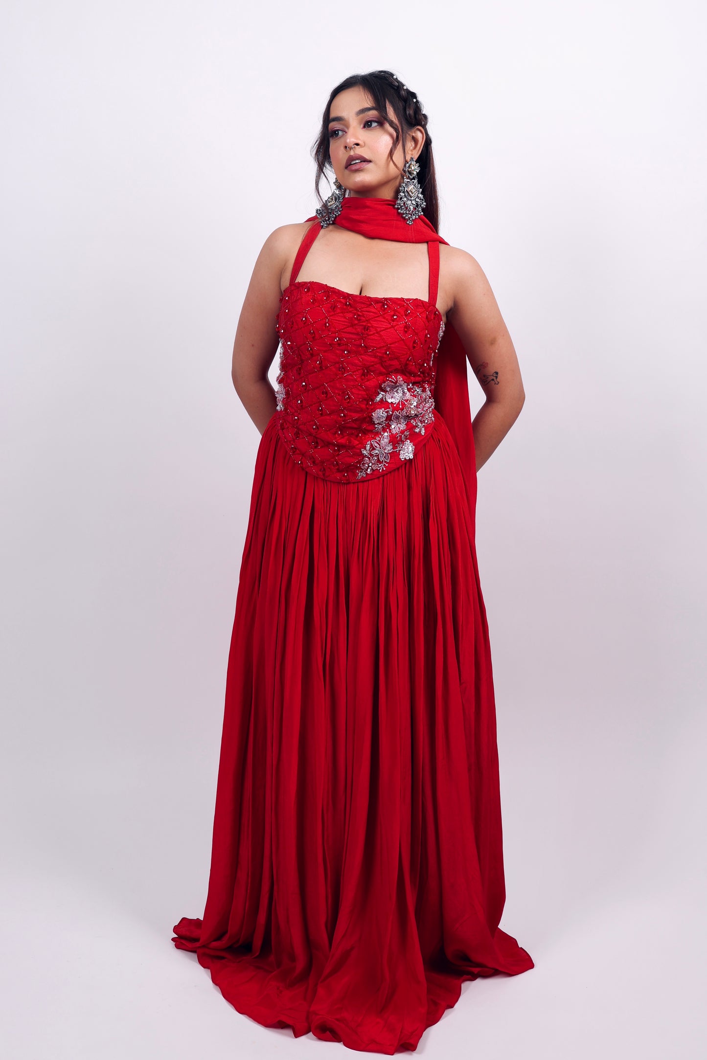 Red corset with lehenga set