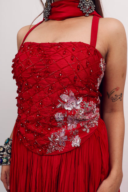 Red corset with lehenga set