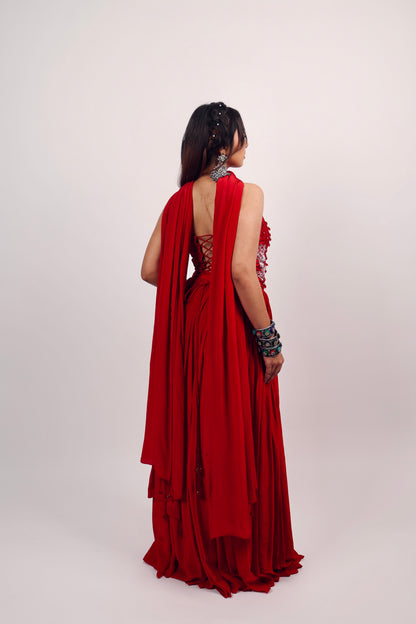 Red corset with lehenga set