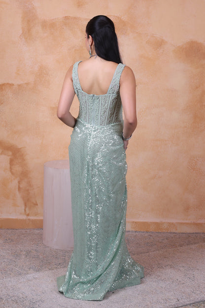 Pista green draped gown