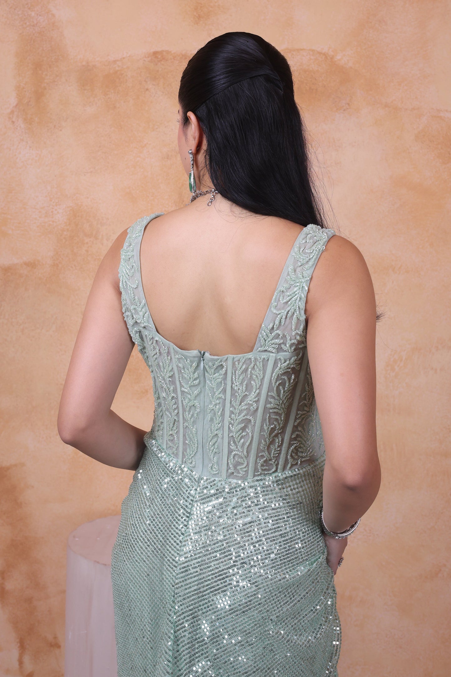 Pista green draped gown