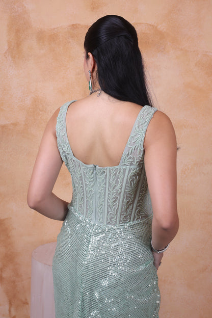 Pista green draped gown