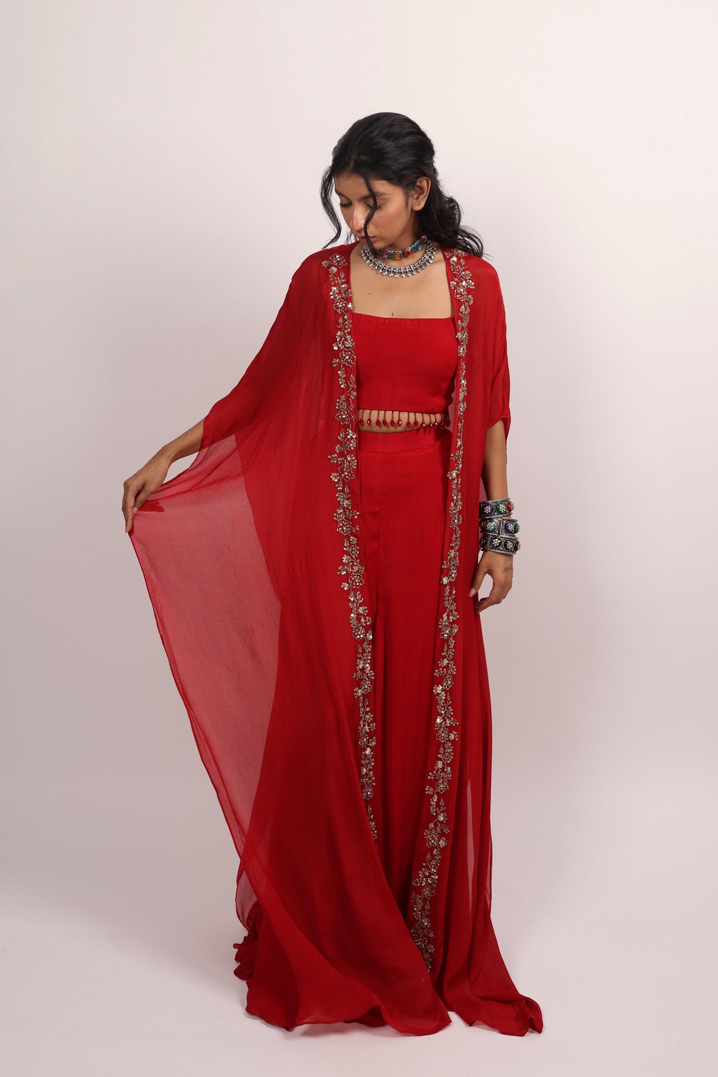 Red shrug set with pants and blouse