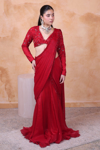Red draped saree