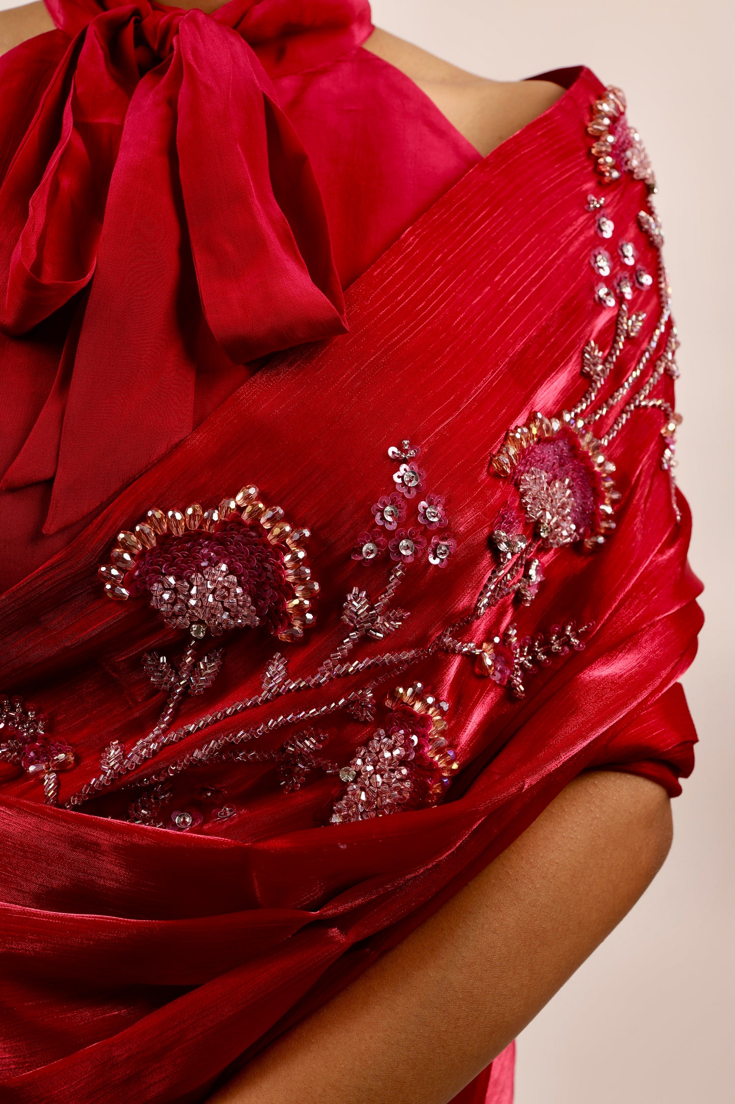 Pink bow blouse with saree