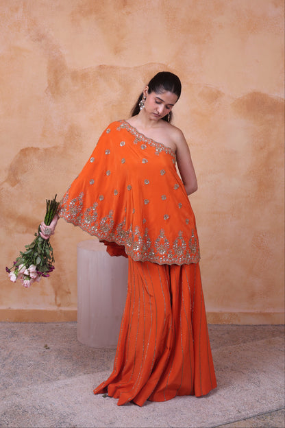 Orange One Shoulder Sharara set