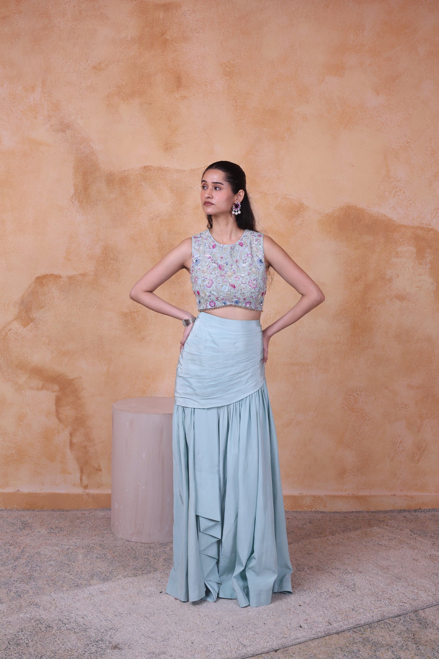 Mint green draped skirt set