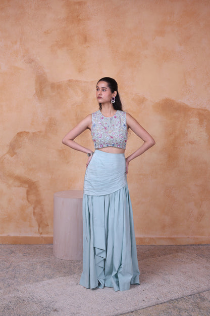 Mint green draped skirt set
