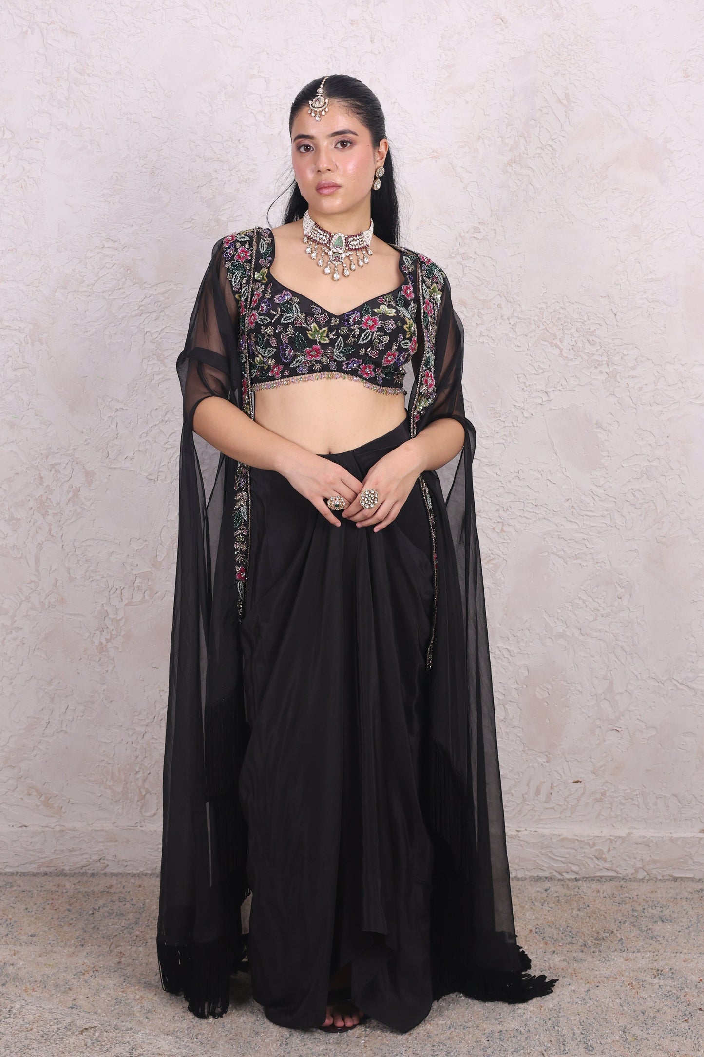 Black draped skirt with cape set