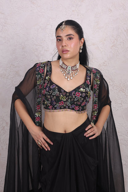 Black draped skirt with cape set