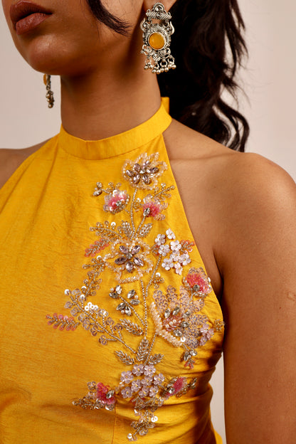 Yellow halter neck kurti set