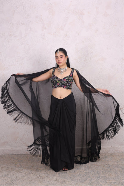 Black draped skirt with cape set