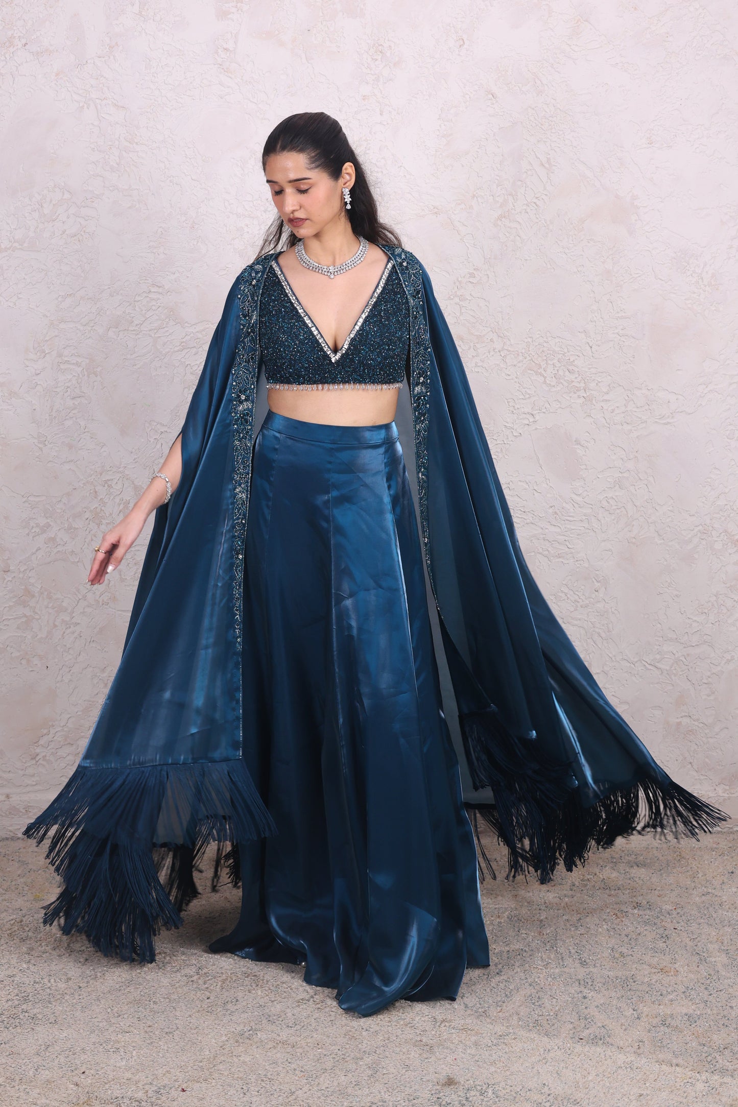 Teal Lehenga shrug saree set