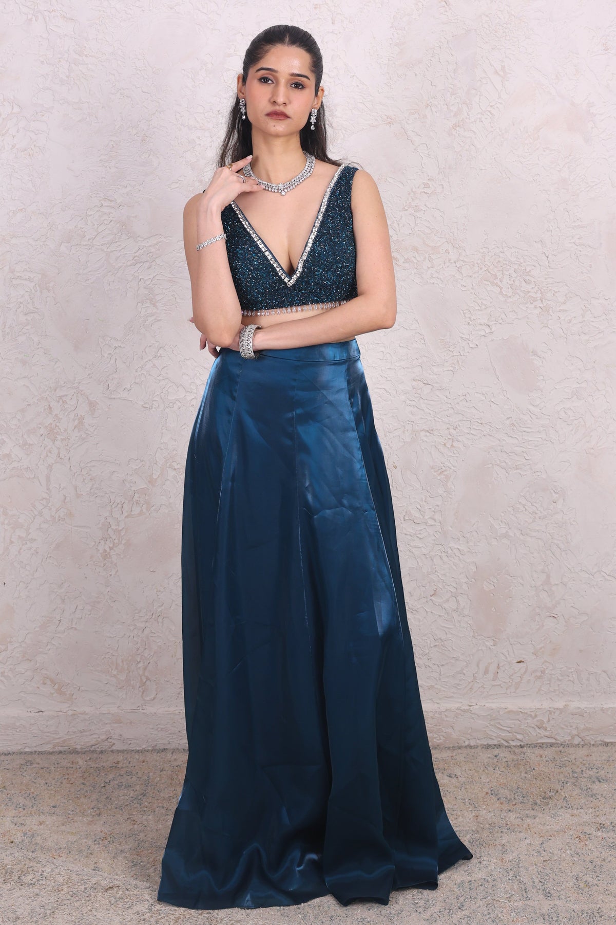 Teal Lehenga shrug saree set