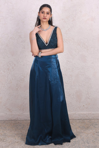 Teal Lehenga shrug saree set