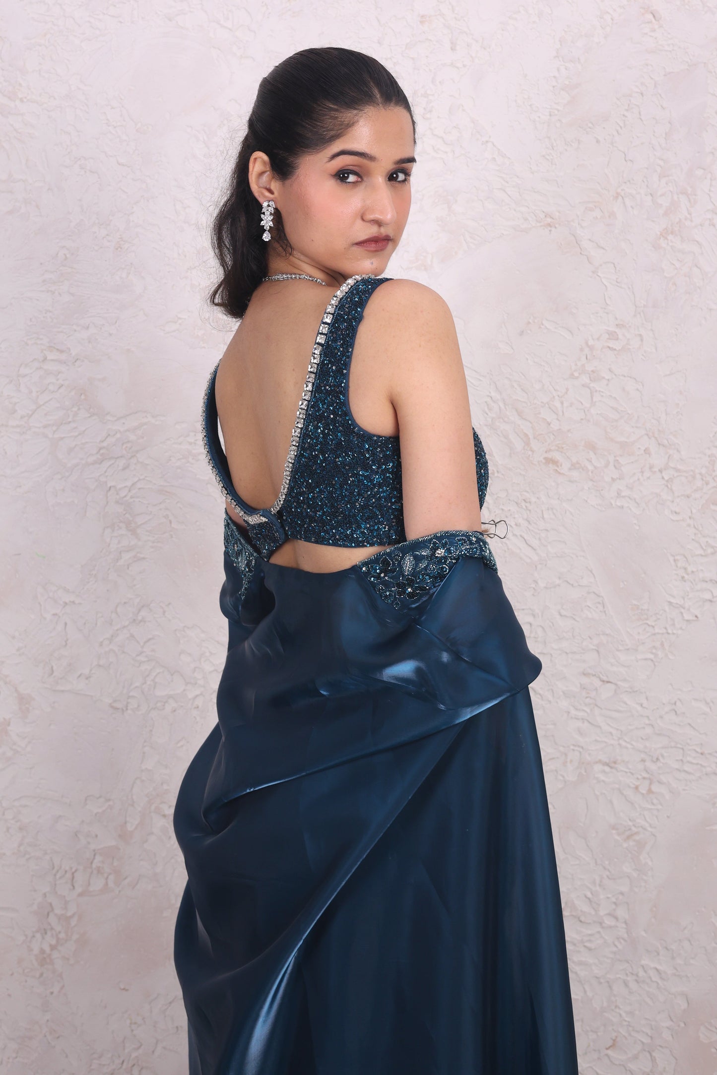 Teal Lehenga shrug saree set