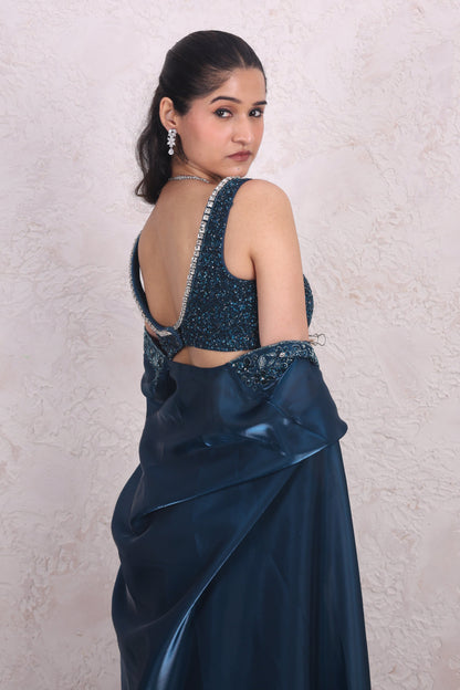 Teal Lehenga shrug saree set