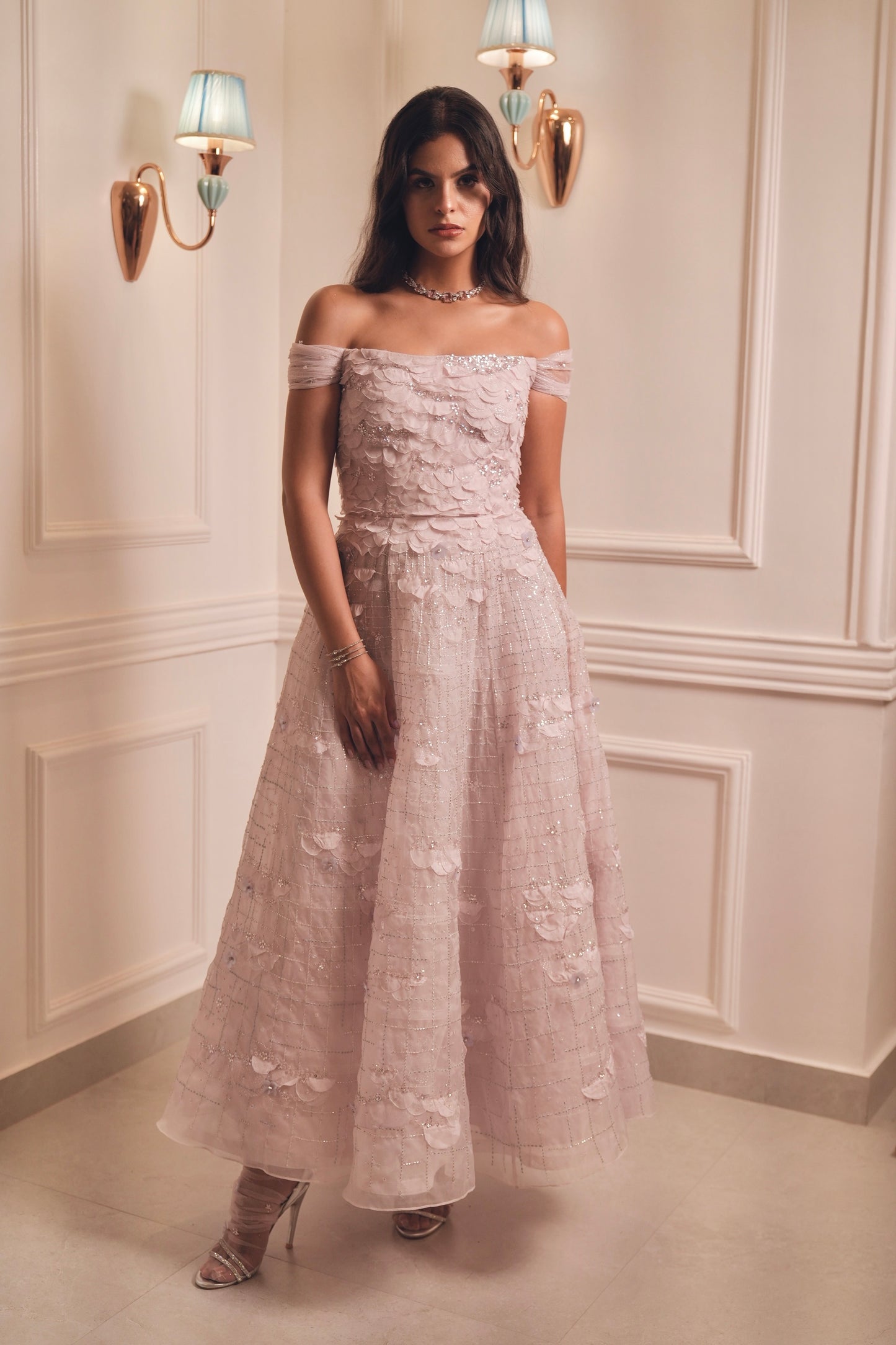 Lavender Lilac embroidered evening ball gown