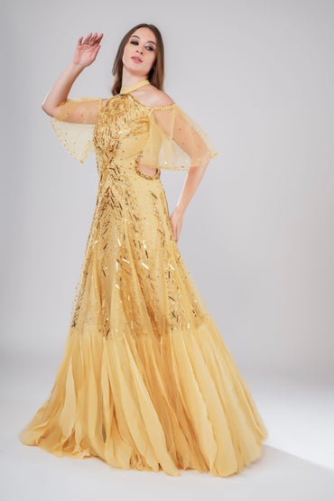 Golden Cold-Shoulder Embellished Evening Gown