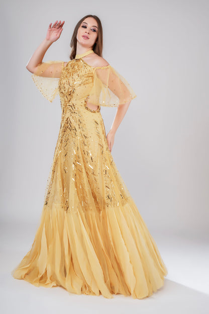 Golden Cold-Shoulder Embellished Evening Gown