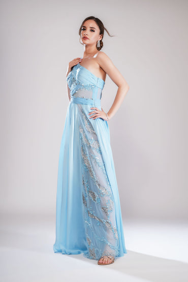 light blue One-Shoulder draped Embellished Evening Gown