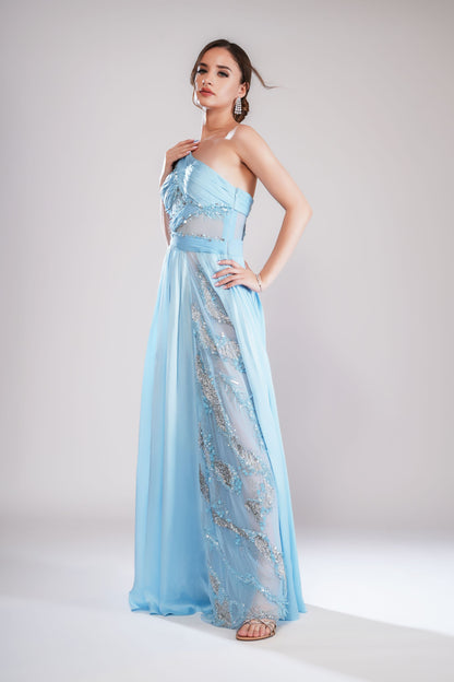 light blue One-Shoulder draped Embellished Evening Gown