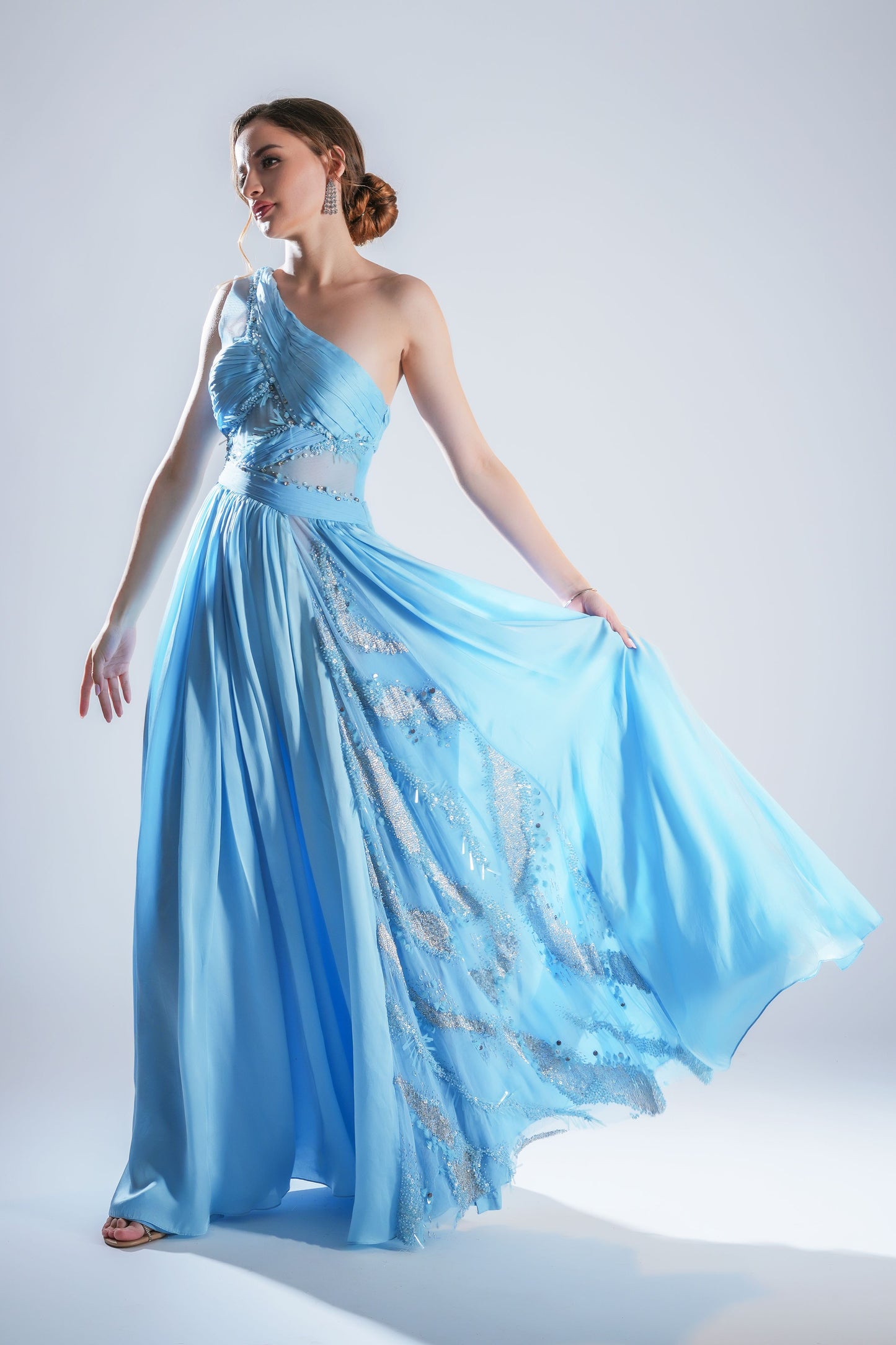 light blue One-Shoulder draped Embellished Evening Gown