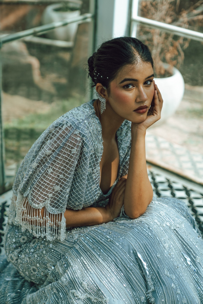 Chaandni Grey Embroidered Fishcut Lehenga set with Cape