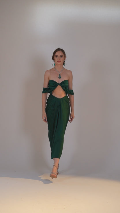 Green Off-Shoulder draped Evening Dress