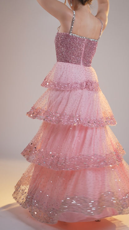 Pink Sweetheart Neckline Tiered Evening Gown