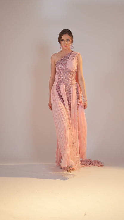 Pink One-Shoulder Pleated Evening Gown