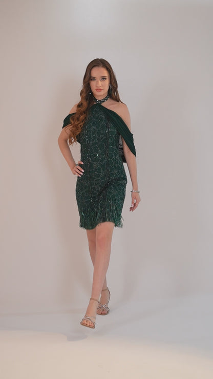 Emerald Green Off-Shoulder Embellished Party Short Dress