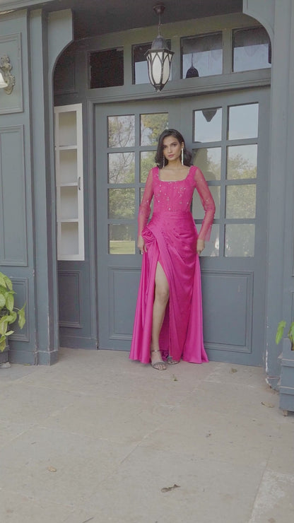 Fuchsia Embellished Draped Evening Gown