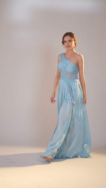 light blue One-Shoulder draped Embellished Evening Gown