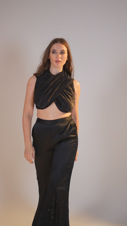 Black Embellished Co-ord Set with Crop Top and Flared Pants